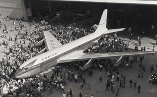 The Dash 80 is rolled out of Boeing’s facility near Seattle, Washington in 1954 (National Air and Space Museum)